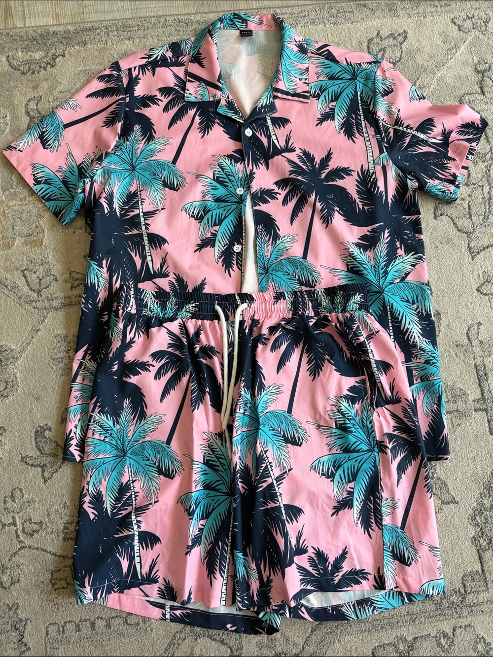 SHEIN Pink Teal Palm Print Casual Button Down Shirt and Shorts Set